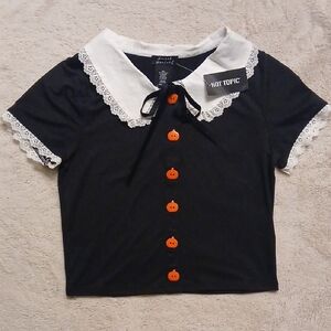 Pumpkin Button Collared Cropped Shirt